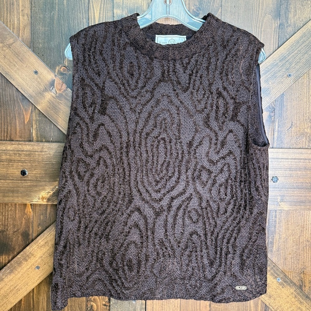 VINTAGE St John Sport Marie Gray Brown Chenille Patterned Zip Sweater Tank Sz L